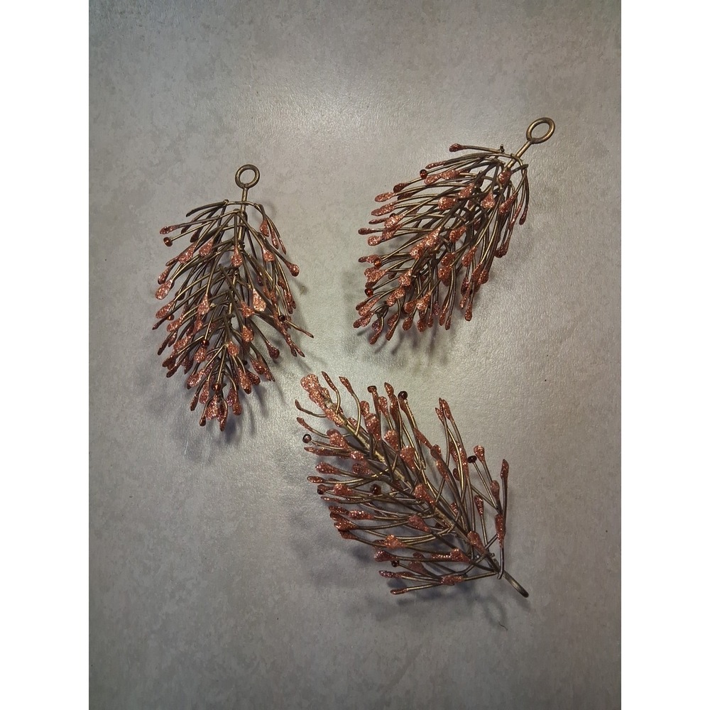Metal Pinecone Christmas Ornaments Bronze Glitter And Beads Lot Of 3
